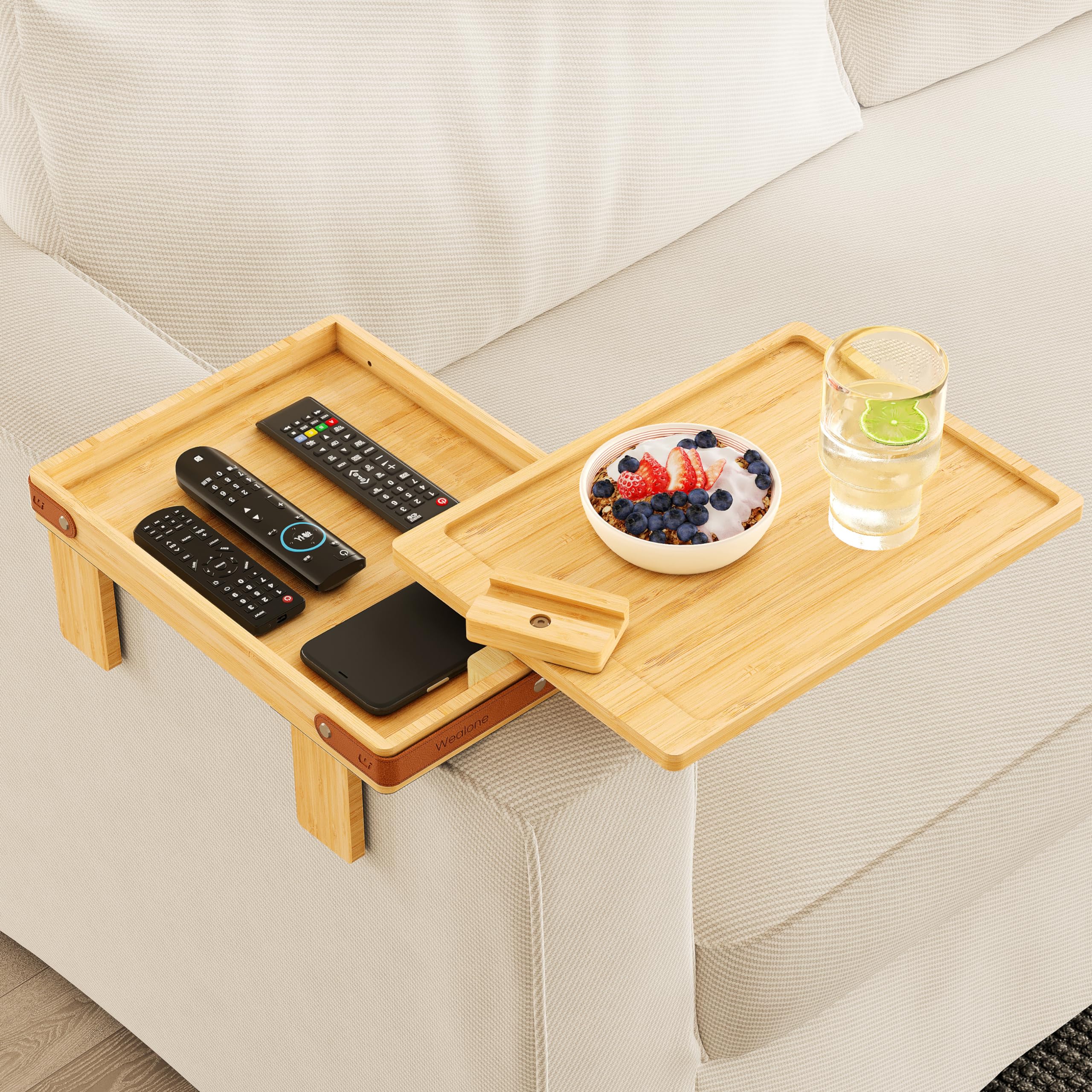 Wealone Sofa Armrest Tray with Storage Box Bamboo Couch Arm Table with 360 Rotating Tabletop and Phone Stand Adjustable Sofa Arm Clip Table for Wide Couch Arm Tray for Dining Patent Protection